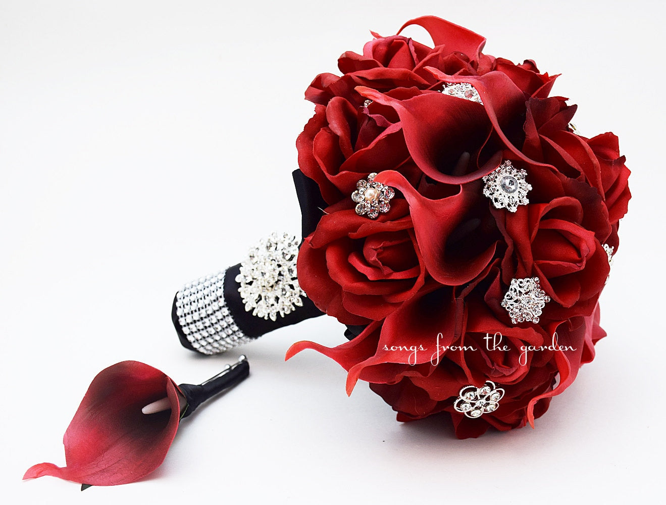 Red Roses Calla Lilies Rhinestones Bridal or Bridesmaid Bouquet - add Groom Groomsman Boutonniere Flower Crown, Corsage, Arch or Pew Flowers