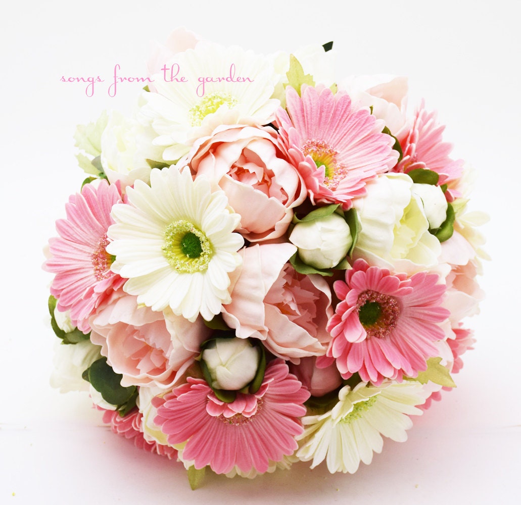 Pink & White Bridal Bouquet Real Touch Gerber Daisies Peonies - add Groom's Boutonniere Matching Wedding Corsage Flower Crown and More!
