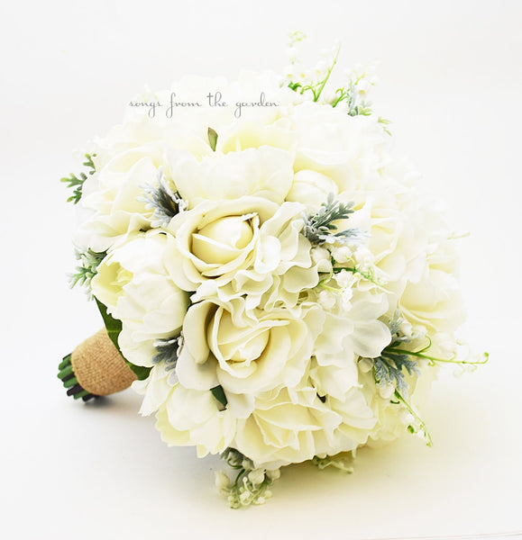 Winter Wedding Grey White Bridal or Bridesmaid Bouquet Real Touch Roses Peonies Lily of Valley - add Groom or Groomsman Boutonniere & More!