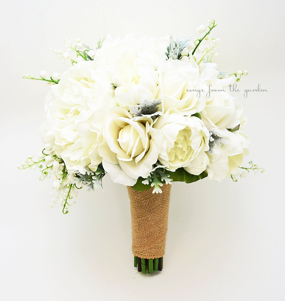 Winter Wedding Grey White Bridal or Bridesmaid Bouquet Real Touch Roses Peonies Lily of Valley - add Groom or Groomsman Boutonniere & More!