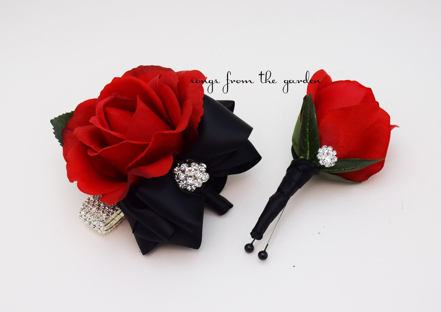 Red Rose Corsage or Boutionniere with Rhinestones Real Touch Rose Wedding Boutonniere Corsage Homecoming or Prom Corsage