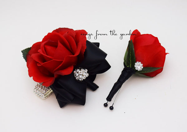 Red Rose Corsage or Boutionniere with Rhinestones - Real Touch Rose Wedding Boutonniere Corsage Homecoming or Prom Corsage