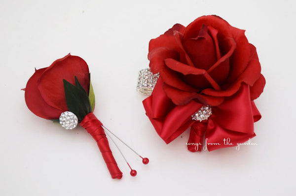 Red Rose Corsage with Rhinestones Real Touch Rose Wedding Boutonniere Wedding Corsage Mother of the Bride Father Flowers Prom Corsage
